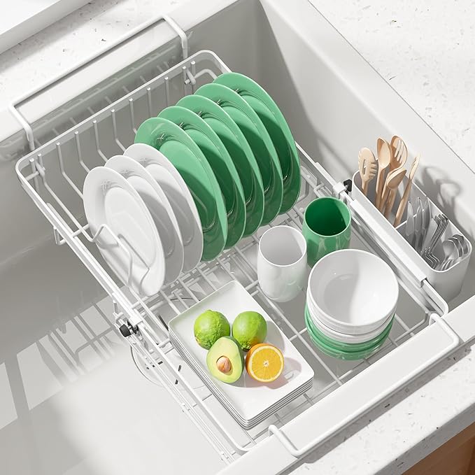 Kitsure Dish Drying Rack – Expandable in-Sink or Over-Sink Dish Rack for Kitchen Counter, Rust-Resistant Metal Dish Strainer with Cutlery Holder, 10.82"-17.12" L x 11.02" W x 3.93" H, White