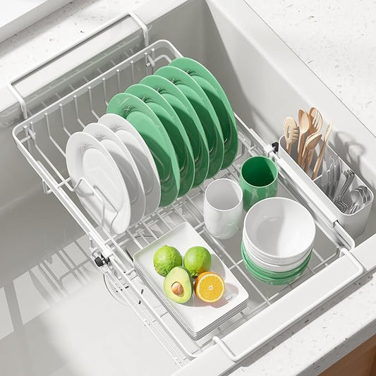 Kitsure Dish Drying Rack – Expandable in-Sink or Over-Sink Dish Rack for Kitchen Counter, Rust-Resistant Metal Dish Strainer with Cutlery Holder, 10.82"-17.12" L x 11.02" W x 3.93" H, White