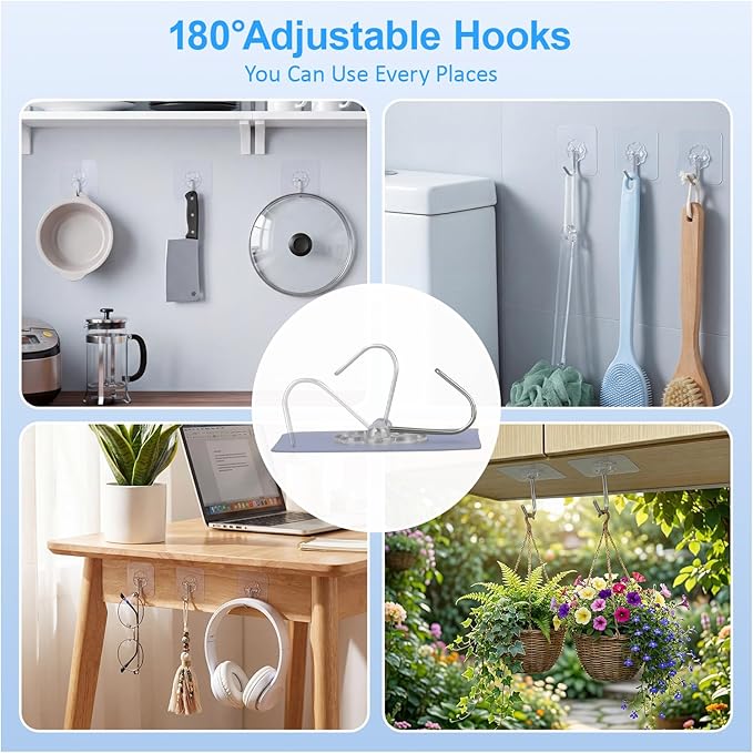 Heavy Duty Adhesive Hooks for Hanging, Waterproof Bathroom Towel Hooks, Stainless Steel Wall Mount & Door Hooks, Clear Sticky Hooks for Coats, Towels, Bags, No Drilling (10PC)