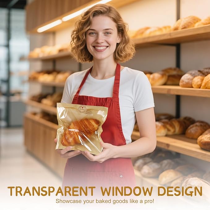 SUREHOME Paper Sandwich Bags 100 Pcs 7.1 X 7.5 In Kraft Brown Paper Bags with Window Individual Heat Seal Bakery Bag with Sticker Cookie Bag for Party Favors Snacks Treats Bread Baked Goods Packaging