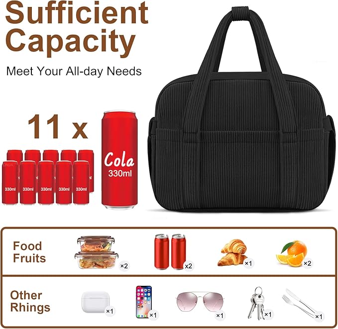 KUBYA Corduroy Lunch Box Lunch Bag for Women Men, Cute Strawberry Small Insulated Reusable Work Leakproof Simple Lunch Boxes Tote Bag Adults Cooler Bag
