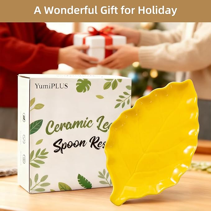 Ceramic Leaf Shape Spoon Rest for cooking, Cute Cooking Spoon Holder for Stove Top,Large Porcelain Spatula Rest for Kitchen Counter, Farmhouse Christmas Kitchen Decor (yellow)