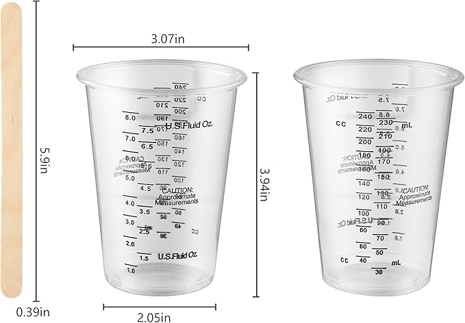 50PCS Resin Epoxy Mixing Cups, DQELFA 8oz Clear Plastic Paint Measuring Cups with 50pcs Wooden Stirring Sticks for Epoxy Resins, Mixing Paint, Pigments, Resins