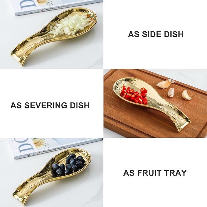 Ceramic Spoon Rest for Stove Top,Large 8.7 Inch Spoon Holder for Kitchen Counter,Porcelain Utensil Rest for Thankgiving and Christmas Gift,Dishwasher Safe and Heat-Resistant,Gold(1 PC)