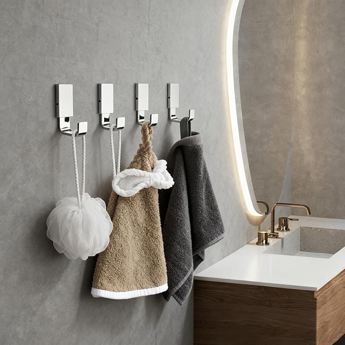 BESy Brass Clothes Hook Single Towel Hook for Bathroom Kitchen Garage Square Style Robe Hooks Coat and Hat Hook, Wall Mounted with Screws, Four Packs, Polished Chrome