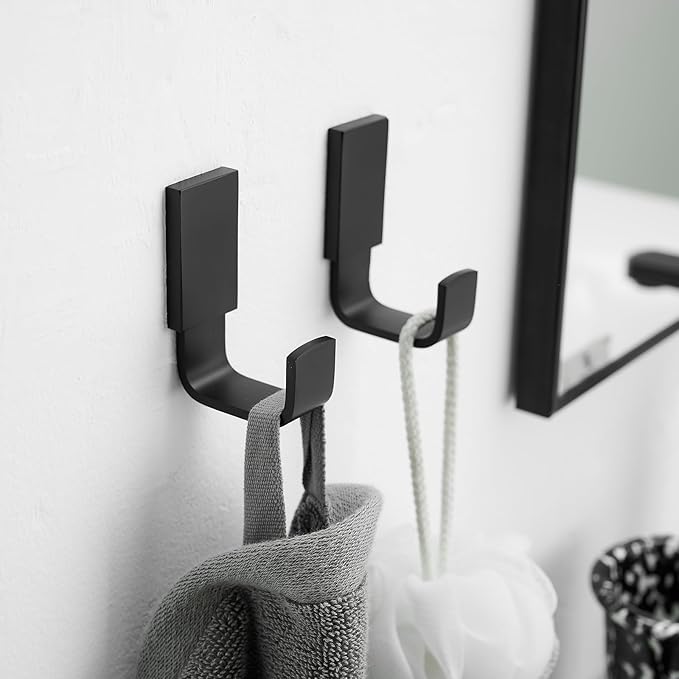 BESy Brass Clothes Hook Single Towel Hook for Bathroom Kitchen Garage Square Style Robe Hooks Coat and Hat Hook, Wall Mounted with Screws, Two Packs, Matte Black