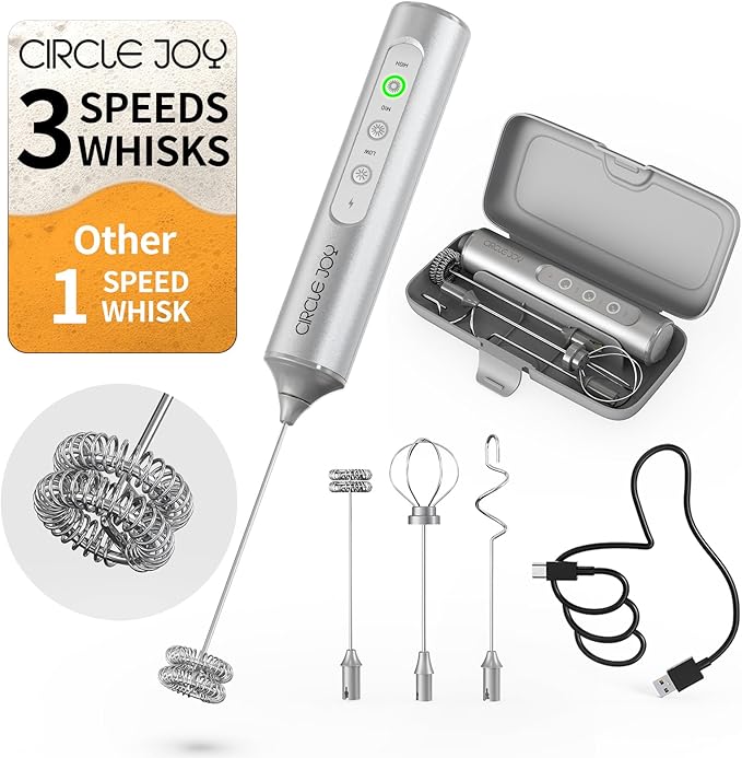 CIRCLE JOY Rechargeable Handheld Milk Frother Wand with 3 Variable Speeds, 3 Whisks and Storage Box, Electric Drink Mixer for Latte, Cappuccino, Hot Chocolate, Eggs and Protein Powder, Silver
