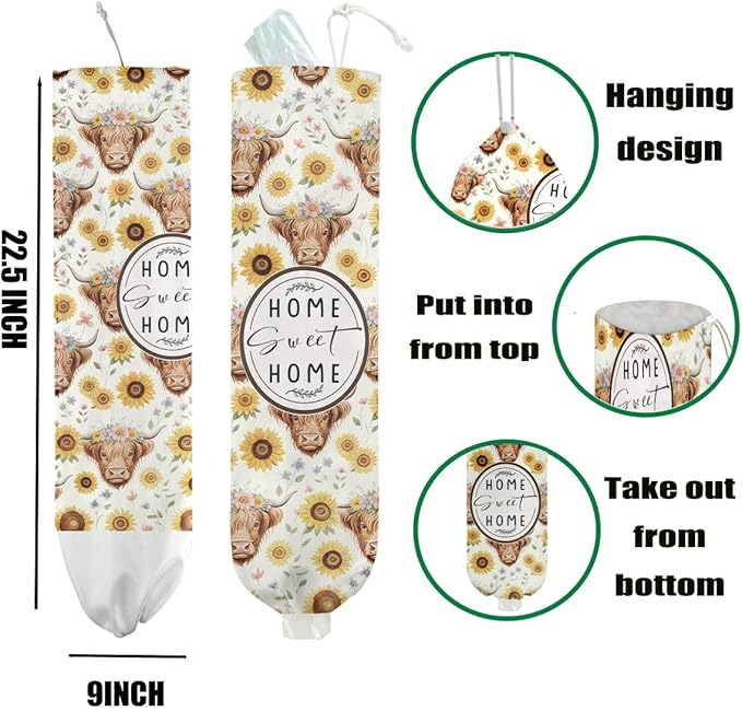 Retro Highland Cow and Flowers Plastic Bag Holder 22.5x9 Inch,Wall Mount Plastic Bag Holders,Washable Grocery Bags Storage Dispenser for Sweet Home Kitchen Pantry Decor,Gifts for Women Grandma Mom