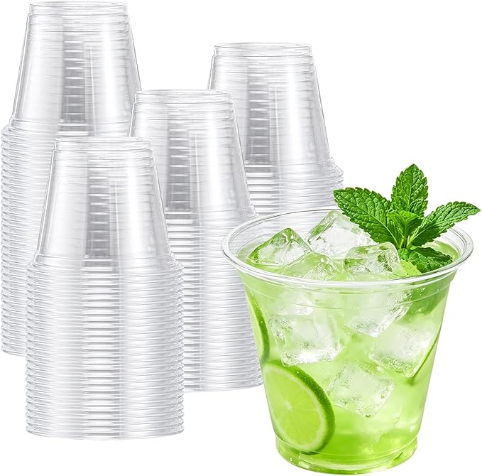 Lamosi 9 oz Clear Plastic Cups 50 Pack, Sturdy & Food Safe Disposable Cups for Cold or Iced Drinks, Dessert, Party or Wedding