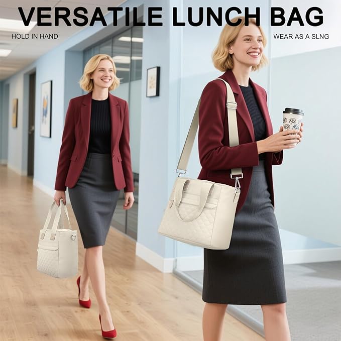 Insulated Lunch Box for Women & Men - Large Thermal Lunch Bag Women with Removable Shoulder Strap, Reusable Lunch Cooler Tote Bags Purse for Adults Work, Picnic, Hiking, Beach, Travel, Medium，White