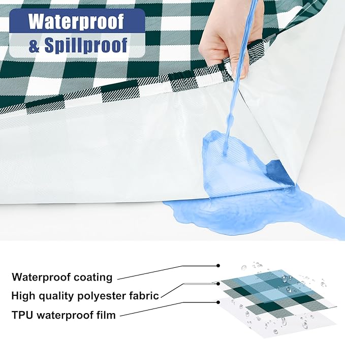 Smiry Picnic Table Cloth 2 Pack, Waterproof Elastic Fitted Tablecloths for 6FT Rectangle Tables, Washable Polyester Buffalo Plaid Tablecloth for Camping & Outdoor (Emerald Green & White, 30" x 72")