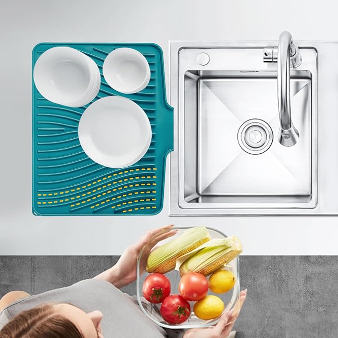 Silicone Dish Drying Mat for Kitchen Counter, Dish Drying Pad, Non-Slip Drain Pad with Built-in Drain, Heat Resistant Stone Drying Mat(16" x 12", Green)
