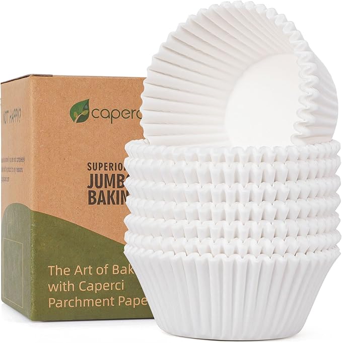 Caperci Parchment 200pcs Jumbo Muffin Liners for Baking - White Paper Large Cupcake Liners for Jumbo Muffin Pan, Balanced Non-Stick/Excellent Grease-proof, Odorless, Food Grade (White)
