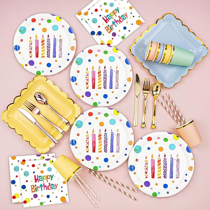 50PCS Happy Birthday Plates and Napkins, 7inch Colorful Dots Birthday Cake Dessert Plates Disposable Paper Dinnerware Set for Birthday's Party Supplies Decorations (Birthday's Candle, 7 Inch)