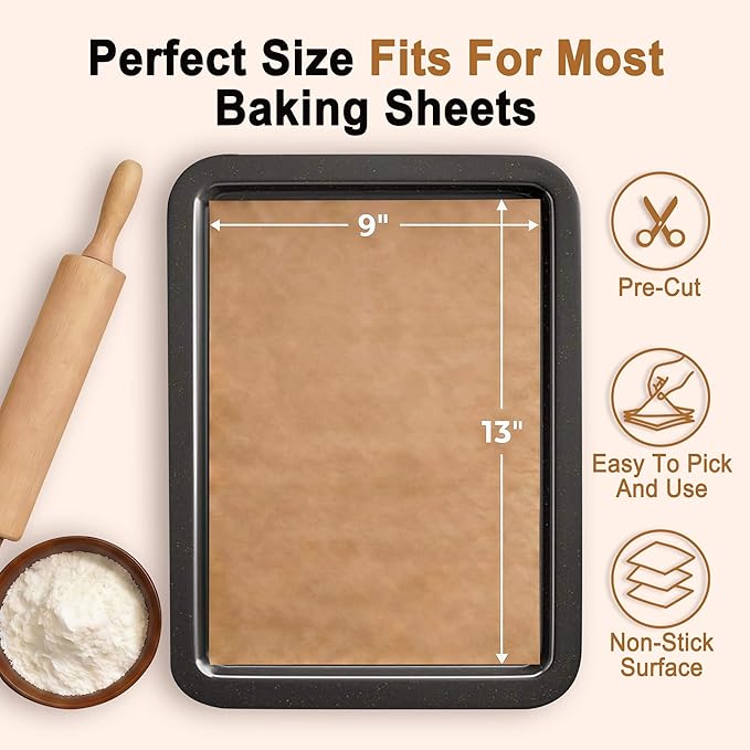 Parchment Paper Sheets, 9x13 Inch Non-Stick Precut Unbleached Parchment Paper for Baking, Grilling, Air Fryer and Steaming, Perfect for Cookies, Bread, Cakes and More, 200PCS