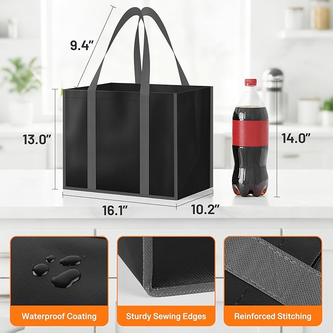 WISELIFE Reusable Grocery Bags with Handles - 6 Pack, 35L Large Shopping Bags for Groceries, Water-Resistant & Foldable Grocery Totes for Lasting Use for Kitchen, Market, Car Trunk, Picnic (Black)