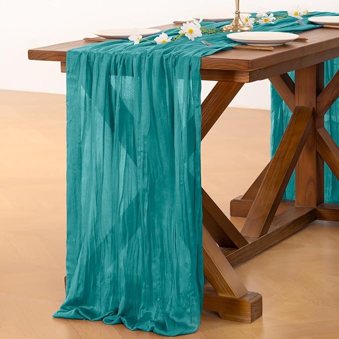 Socomi 3pcs Teal Blue Summer Cheesecloth Table Runner Boho Rustic Gauze 120 inch 10FT Cheese Cloth Sheer Runner for Wedding Party Baby Shower Birthday Home Decor