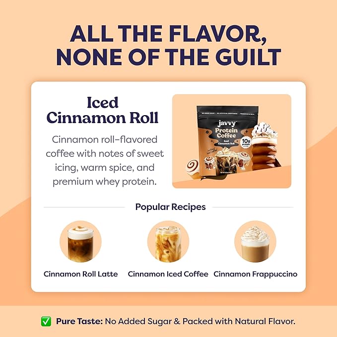Iced Cinnamon Roll Protein Iced Coffee - Premium Whey Protein & Instant Iced Coffees - 100% Natural Cold Brew - Zero Artificial Flavors & Sweeteners, 80 mg Caffeine, No Added Sugar, 20 Servings