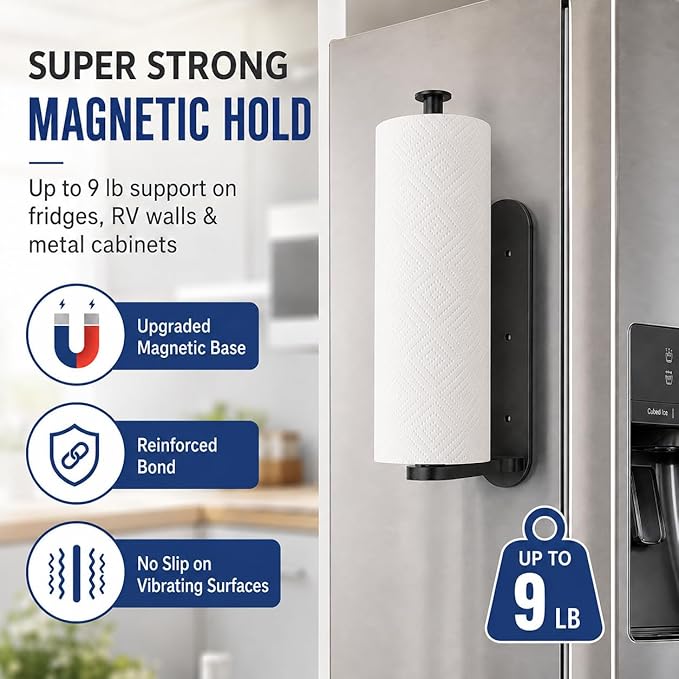 Magnetic Paper Towel Holder for Fridge-Great Adhesive Magnetic,One Hand Operable Paper Towel Holder,No Drill Wall Mount Hanging for Garage RV Kitchen (Black)