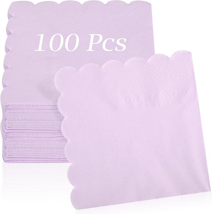 100 Pcs Cocktail Napkins, 2-Ply 5 x 5 Inches Disposable Scalloped Napkins, Thick Premium Dessert Napkins for Party, Wedding, Dinner, Birthday, Anniversary, Festival (Light Purple)