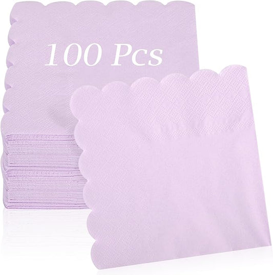 100 Pcs Cocktail Napkins, 2-Ply 5 x 5 Inches Disposable Scalloped Napkins, Thick Premium Dessert Napkins for Party, Wedding, Dinner, Birthday, Anniversary, Festival (Light Purple)