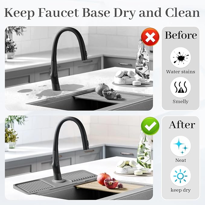 PoYang 17.7 Inch Faucet Mat for Kitchen Sink Splash Guard Behind Faucet, Sink Protectors for Kitchen Sink Faucet Mat Splash Guard for Kitchen Sink Area, Long Silicone Faucet Guard & Draining Mat, Grey