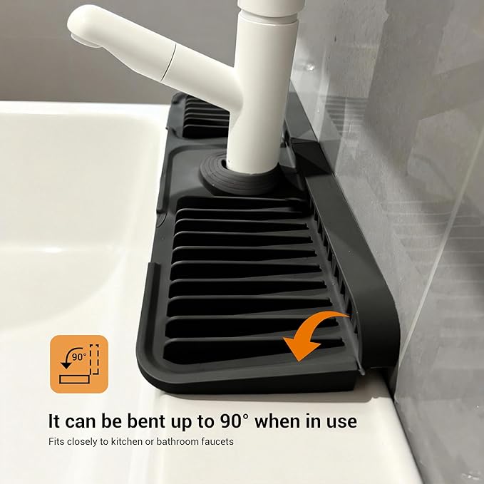 Faucet Mat for Kitchen Sink, 14"X5.5" Silicone Sink Splash Guard with Soap Holder, Snap-On Design & 7°slope Fast Drain, Folding Sink Faucet Mat for Universal Kitchen Bathroom Sink（Black）