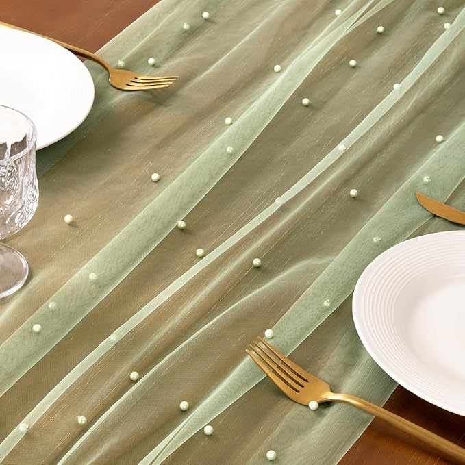 Socomi Pearl Table Runner Tulle Sage Green Summer Cheesecloth 10FT Gauze Cheese Cloth Sheer Chiffon Dining Wedding Birthday Party Baby Shower Bridal Anniversary Holiday Centerpiece Table Decor