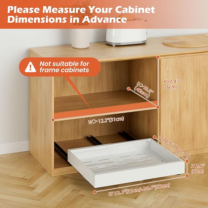 2 Pack 16.5" Deep Pull Out Cabinet Organizer, Adjustable Width (12.2"-20.4") Pull Out Drawers for Frameless Cabinets, Upgrade 3 Slide Rails Slide Out Drawers for Kitchen Cabinets