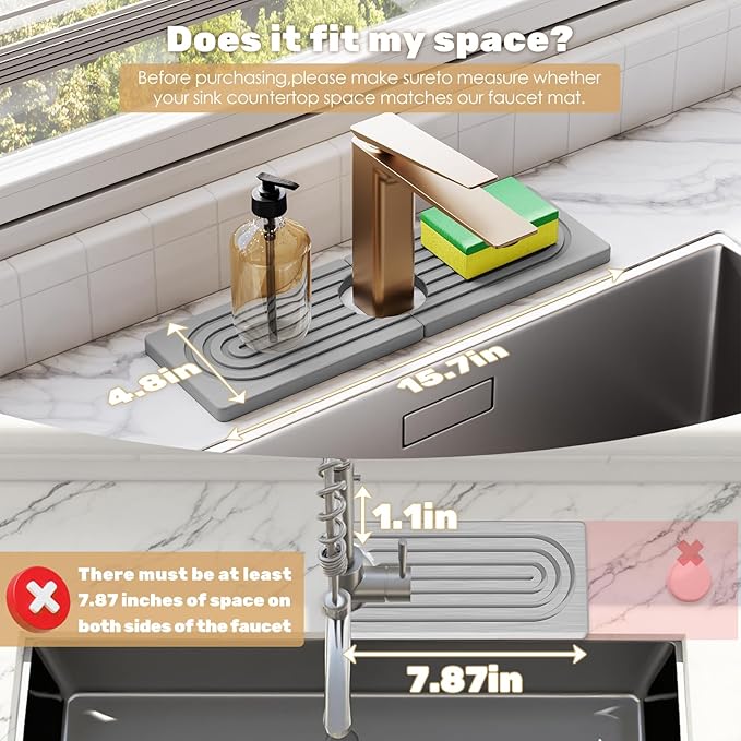15.7''x4.8''Stone Faucet Mat for Kitchen Sink,Diatomite Quick Dry Kitchen Sink Splash Guard,Drying Stone Sink Tray,Super Absorbent,Sink Stone Quick Dry Around Faucet For Bathroom Counter-Light Grey