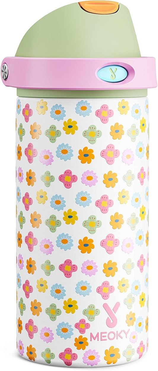 18 oz Kids Water Bottle for School: Meoky 18 oz Stainless Steel Insulated Water Bottle with 2-in-1 Straw and Spout Lid - Leak Proof, Fits in Car Cup Holder, BPA-Free for Teen Girls, Rainbow Blooms