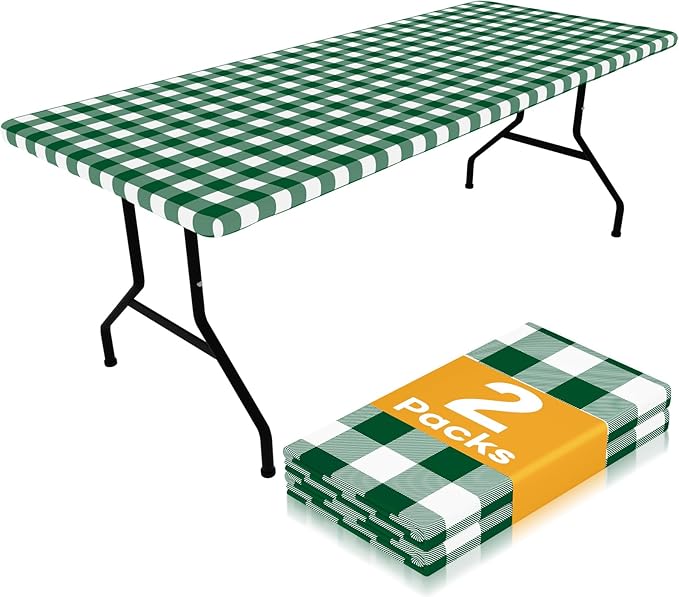 Smiry Picnic Table Cloth 2 Pack, Waterproof Elastic Fitted Tablecloths for 6FT Rectangle Tables, Washable Polyester Buffalo Plaid Tablecloth for Camping & Outdoor (Hunter Green & White, 30" x 72")