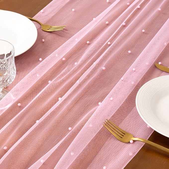 Socomi Pearl Table Runner Tulle Summer Cheesecloth 10FT Gauze Cheese Cloth Sheer Chiffon Wedding Birthday Party Baby Shower Bridal Anniversary Holiday Centerpiece Table Decor 3pcs Pink