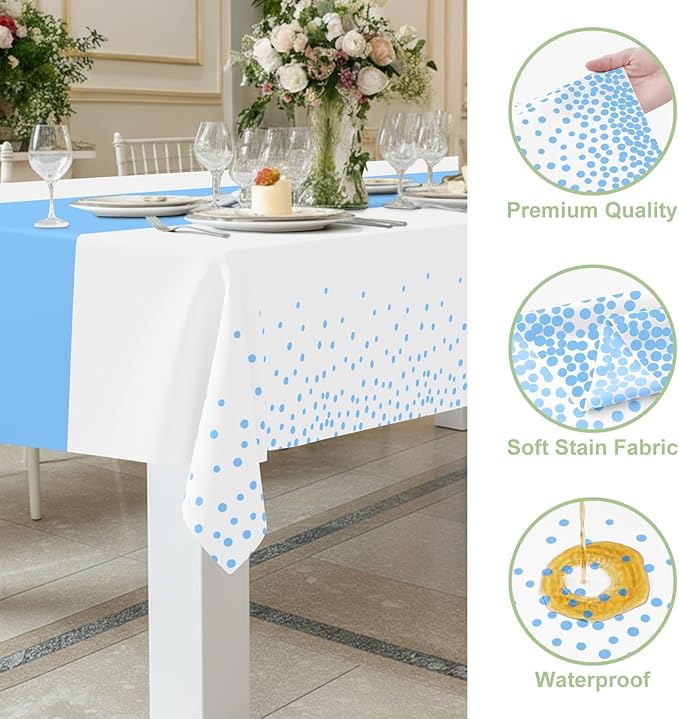 Smiry Plastic Table Cloth Disposable 3 Pack, 54 x 108 Inch Rectangle Waterproof Tablecloth, Printed Gold Table Runner Style for Birthday Weeding, Party, Leakproof & Sturdy, White and Baby Blue