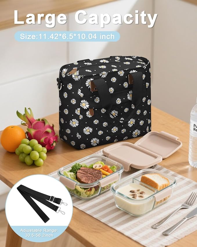 Capolo Insulated Lunch Box for School - Large Thermal Lunch Bag Women with Removable Shoulder Strap, Reusable Lunch Cooler Tote Bags Purse for Adults Work, Picnic, Hiking, Beach, Travel, MediumDaisy
