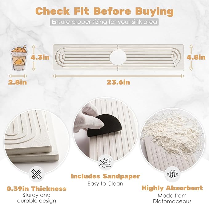 23.6''x4.8''Long Stone Faucet Mat for Kitchen Sink,Diatomite Quick Dry Kitchen Sink Splash Guard,Drying Stone Sink Tray,Super Absorbent,Sink Stone Quick Dry Around Faucet For Bathroom Counter-White