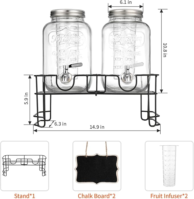1 Gallon Glass Beverage Dispenser, 2 Pack Glass Drink Dispensers for ies with Stand, Lid&Stainless Steel Spigot, Lemonade Dispenser With Ice Cylinder for Weddings, Sun Tea Jar, Juice Dispensers