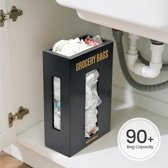 Libreshine Extra Large Black Bamboo Grocery Bag Holder for Plastic Bags, Under Sink Cabinet or Wall Mounted Organizer, Space-Saving Bag Dispenser for Kitchen, Pantry, Laundry Room, Garage