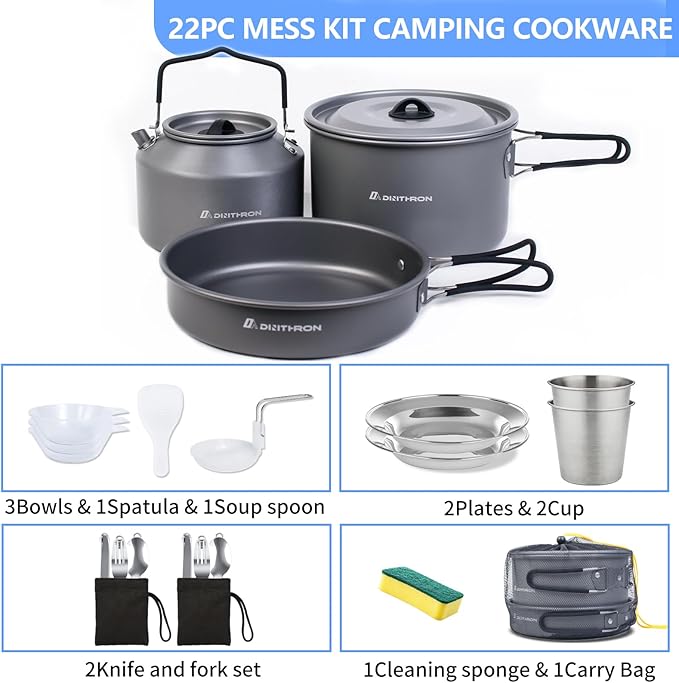 22-Piece Camping Cookware Set | Bare Hard-Anodized Aluminum Mess Kit with 3.1L Large Pot & 1.6L Camping Kettle | Uncoated Camping Kitchen Supplies & Backpacking Camping Kit