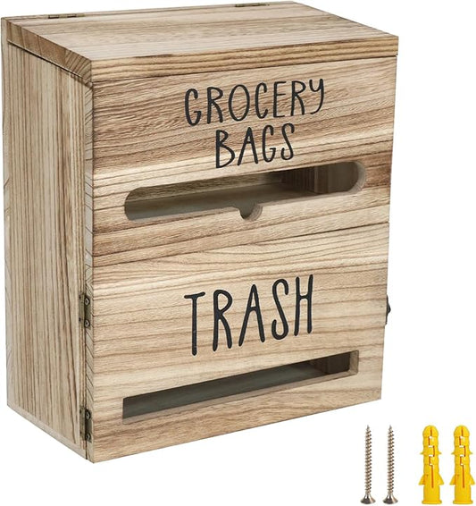 2 in 1 Trash Bag Dispenser, Double Wall Mounted,Wood Trash Bag Holder, used in kitchen, garage, laundry room, can store Environmentally friendly food bags (White/Brown(10inch*5.5inch*12.2inch）)