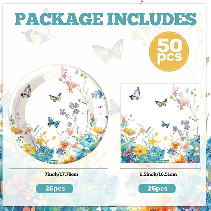 50pcs Wildflower Paper Plates and Napkins Party Decorations, 7inch Watercolor Floral Paper Plate Tableware for Spring Summer Birthday Baby/Bridal Shower Picnic Wedding Girl Tea Party Supplies