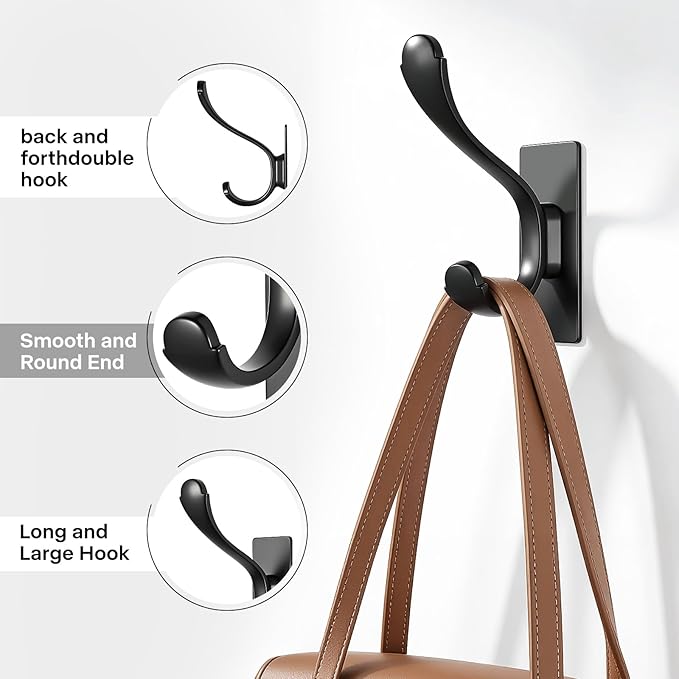 Adhesive Coat Hooks Coat Rack Wall Mount Heavy Duty Stainless Wall Hook for Towel Backpack Hat Sturdy Metal Hanger for Bathroom Bedroom Door 4 Pack Matt Black