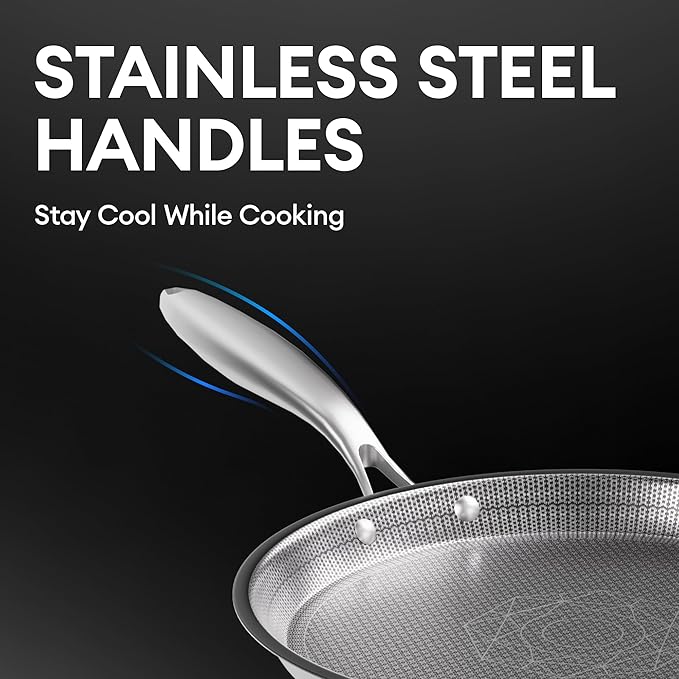 COOKER KING 12-Inch Stainless Steel Pan, Hybrid Nonstick Frying Pan, Skillet, 3-Ply Clad Cookware, Even Heat Distribution, Dishwasher & Oven Safe, with Stay-Cool Handle, Induction Compatible