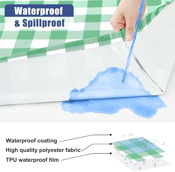 Smiry Picnic Table Cloth 2 Pack, Waterproof Elastic Fitted Tablecloths for 6FT Rectangle Tables, Washable Polyester Buffalo Plaid Tablecloth for Camping& Outdoor (Sage Green & White, 30" x 72")