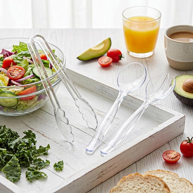 Mwellewm 18Pcs Serving Utensils, 10'' Plastic Serving Utensils Set, Large Disposable Serving Spoons for Buffet, Tongs for Serving Food, Party Supplies for Salad Soup Noodles Dinner Catering(Clear)