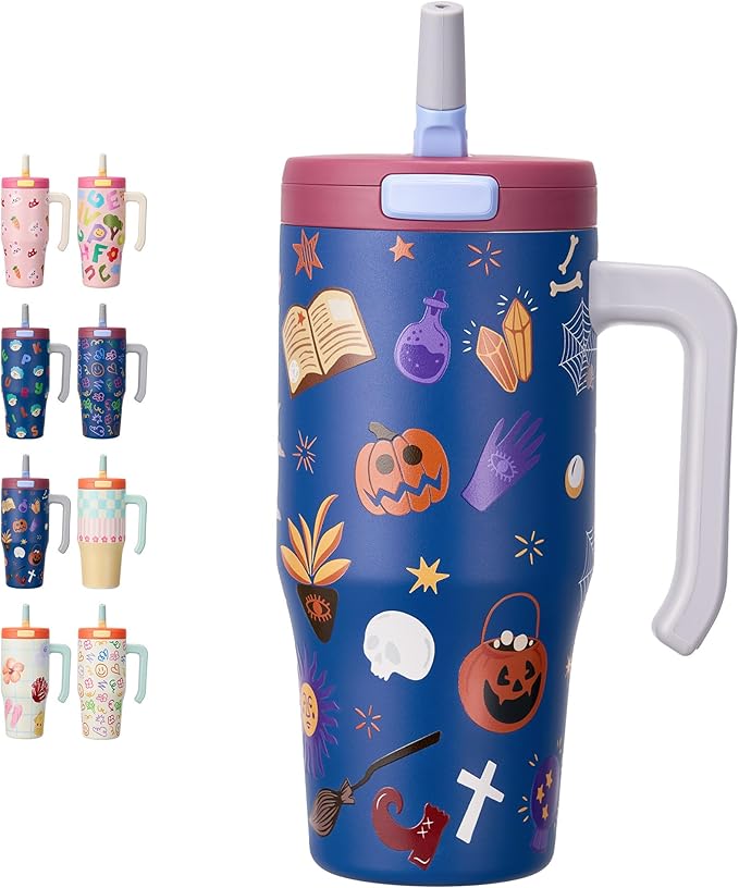 Fijinhom 25 oz Insulated Tumbler with Handle, Stainless Steel Insulated Water Bottle Coffee Mug with Straw, Coffee Cups, Cute Water Bottle for Sports, Travel, Lunch, Ghostly Cuties