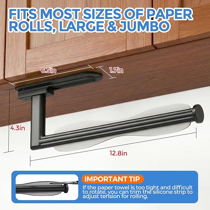 zaa Paper Towel Holder Under Cabinet - Self Adhesive or Drilling Paper Towel Holder Wall Mount, One Hand Tear Black Towel Holder for Kitchen Organization, Bathroom, Sink, Pantry, Fridge, RV