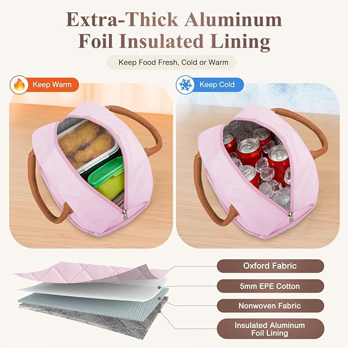 KUBYA Lunch Box for Women Adult Men Insulated Cute Quilted Lunch Bag Women Reusable Large Lunch Tote Bag Leakproof Simple Cooler Bag for Work Office Picnic Beach or Travel