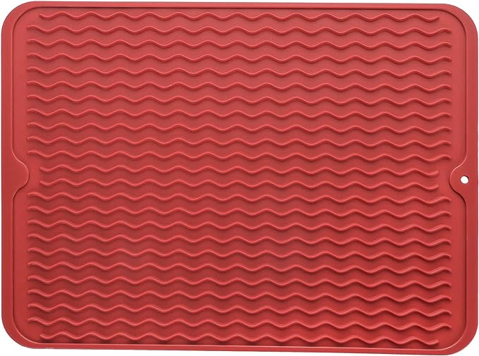 Silicone Dish Drying Mat for Multiple Usage,Easy clean,Eco-friendly,Heat-resistant Silicone Mat for Kitchen Counter or Sink,Refrigerator or drawer liner Red L 16 inches x 12 inches
