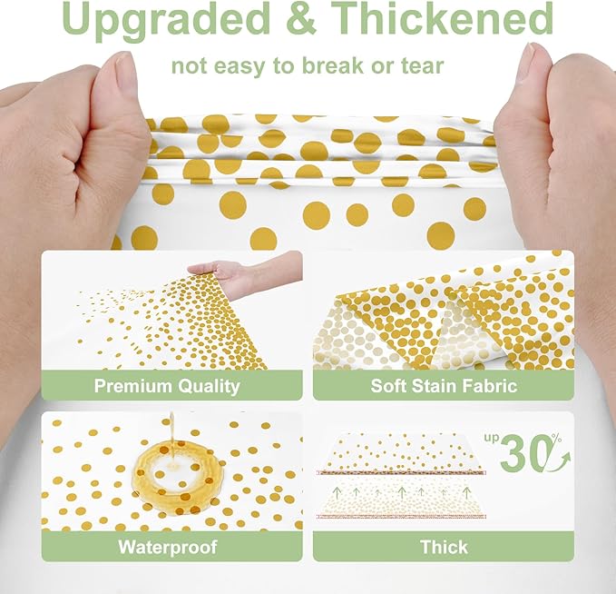 Smiry Plastic Table Cloth Disposable 4 Pack, 54 x 108 Inch Rectangle Waterproof Tablecloth, Printed Gold Table Runner Style for Birthday Weeding, Party Decorations, Leakproof & Sturdy, White and Gold